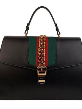Gucci Sylvie 1969 leather handbag Maxi Size Black Striped Red Green Gold Chain